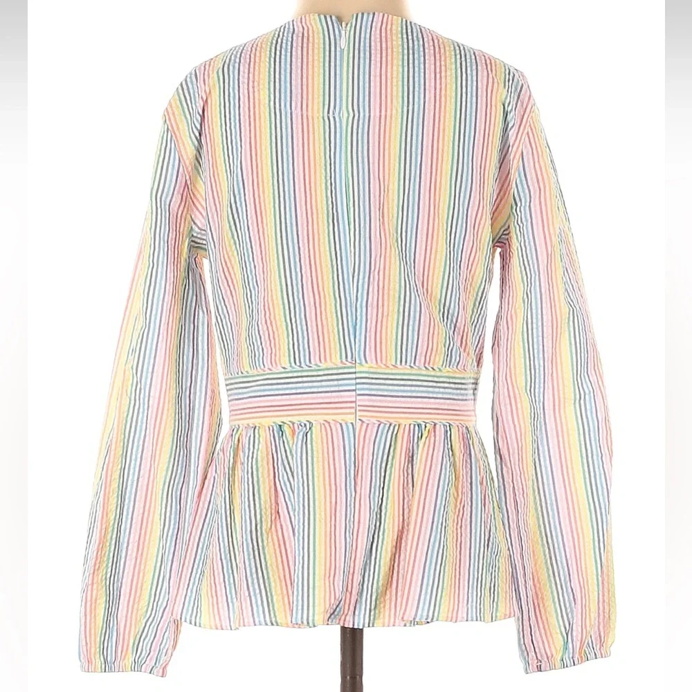 J. Crew V-neck Peplum Top Blouse in Rainbow Stripe Seersucker Size 00 XXS XS